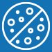 A blue circular icon featuring mould particles