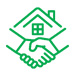 A green outline illustration of a house above two hands shaking, symbolizing partnership in real estate.