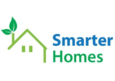 Logo of Smarter Homes featuring a simple house outline with a leaf, symbolizing eco-friendly living.